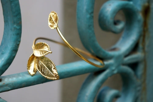 Open Cuff Bracelet – Adjustable Gold Plated Silver Real Rose Leaf