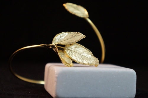 Open Cuff Bracelet – Adjustable Gold Plated Silver Real Rose Leaf